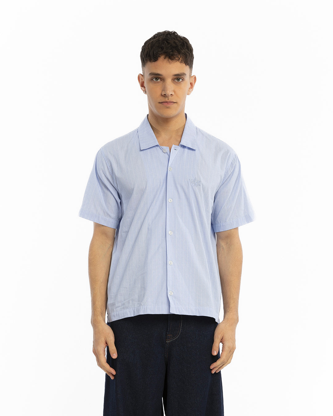 The blue short-sleeved shirt