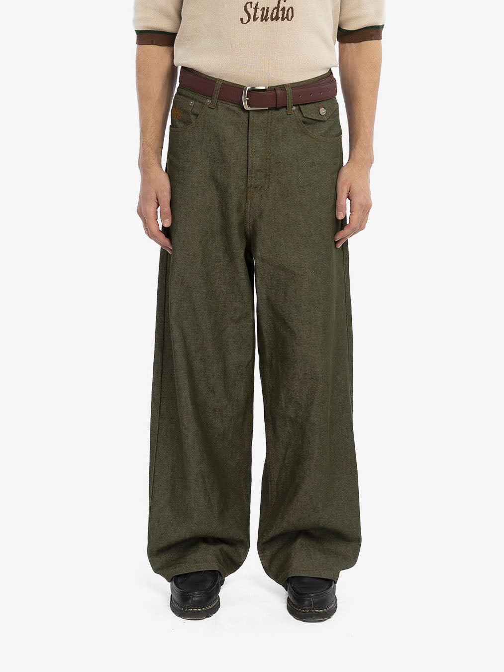 Raw green denim baggy