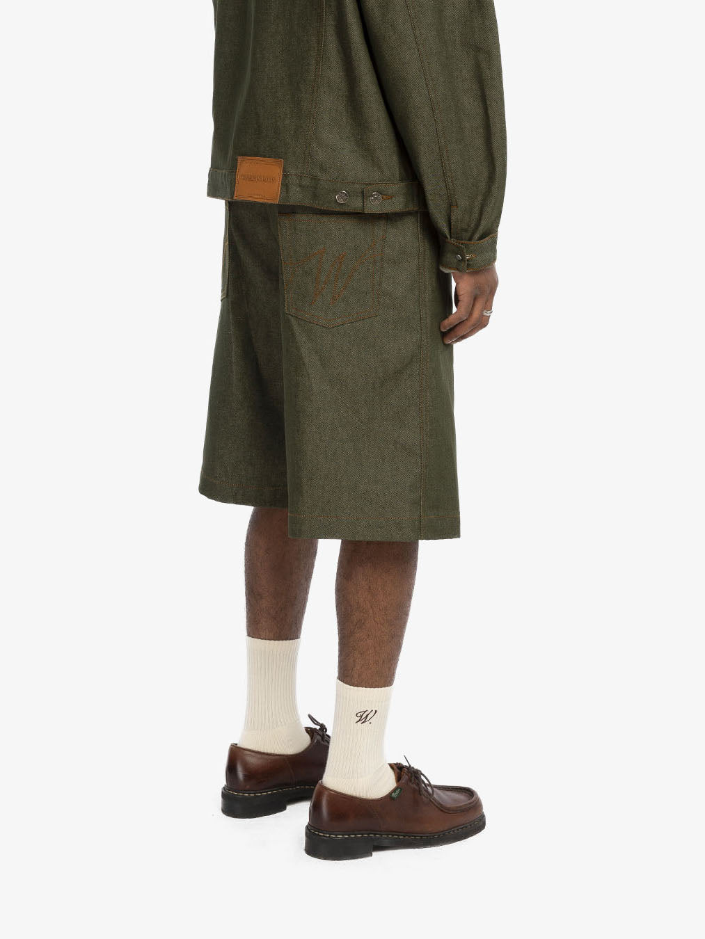 Raw green denim baggy shorts