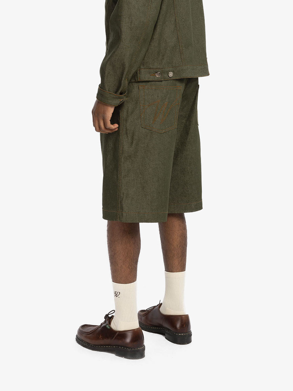 Raw green denim baggy shorts