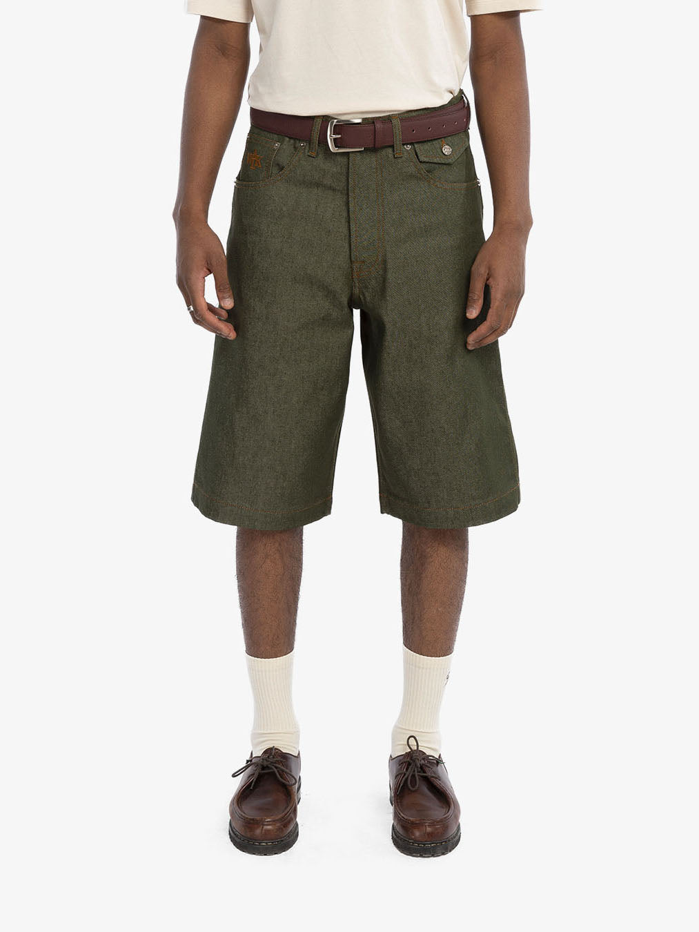 Raw green denim baggy shorts