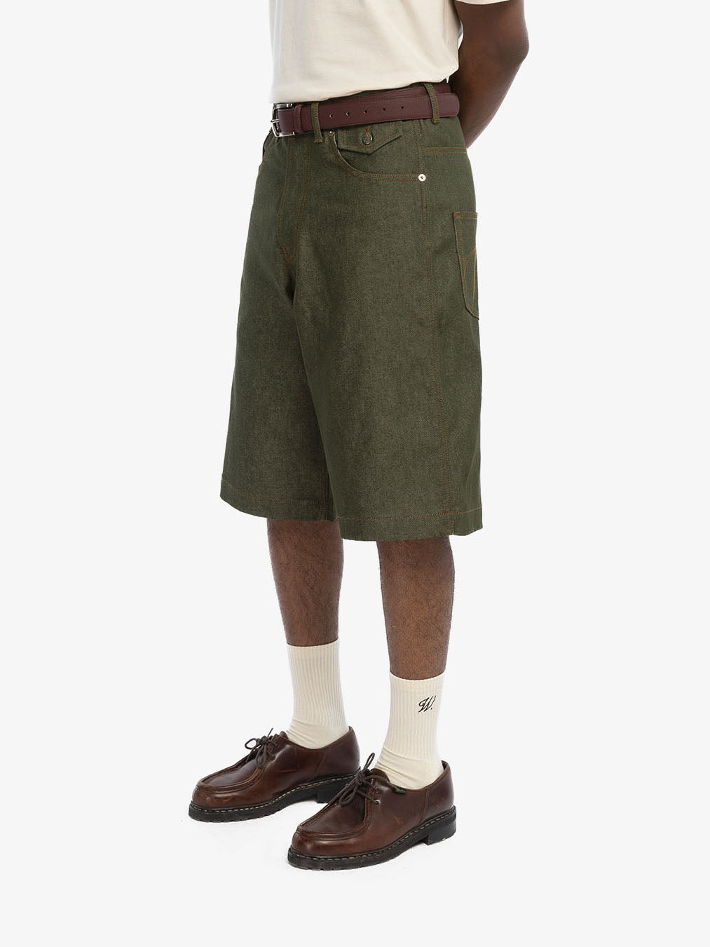 Raw green denim baggy shorts