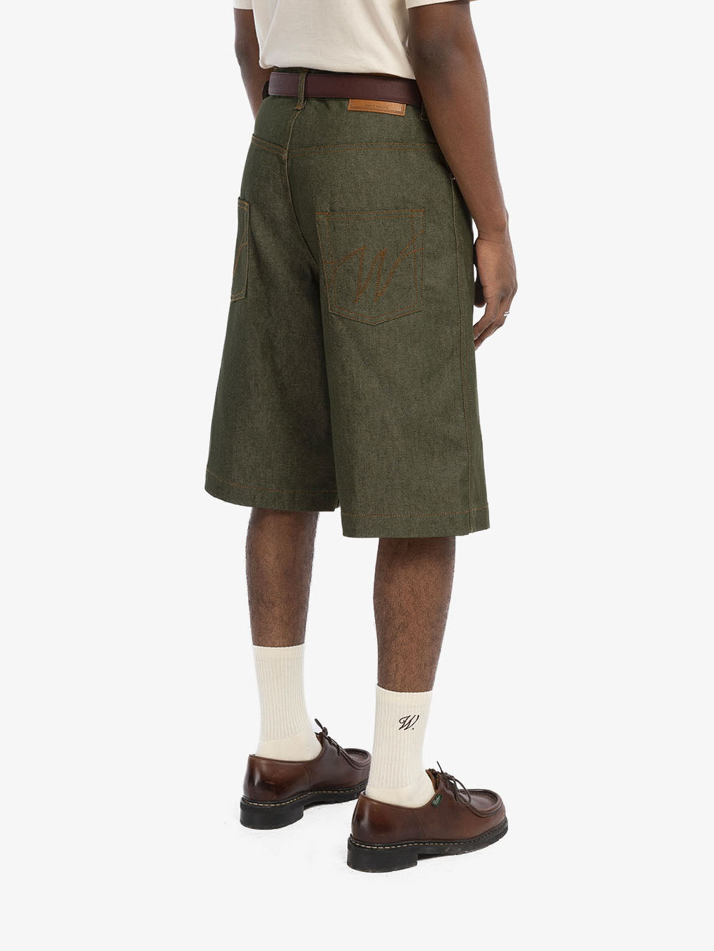 Raw green denim baggy shorts