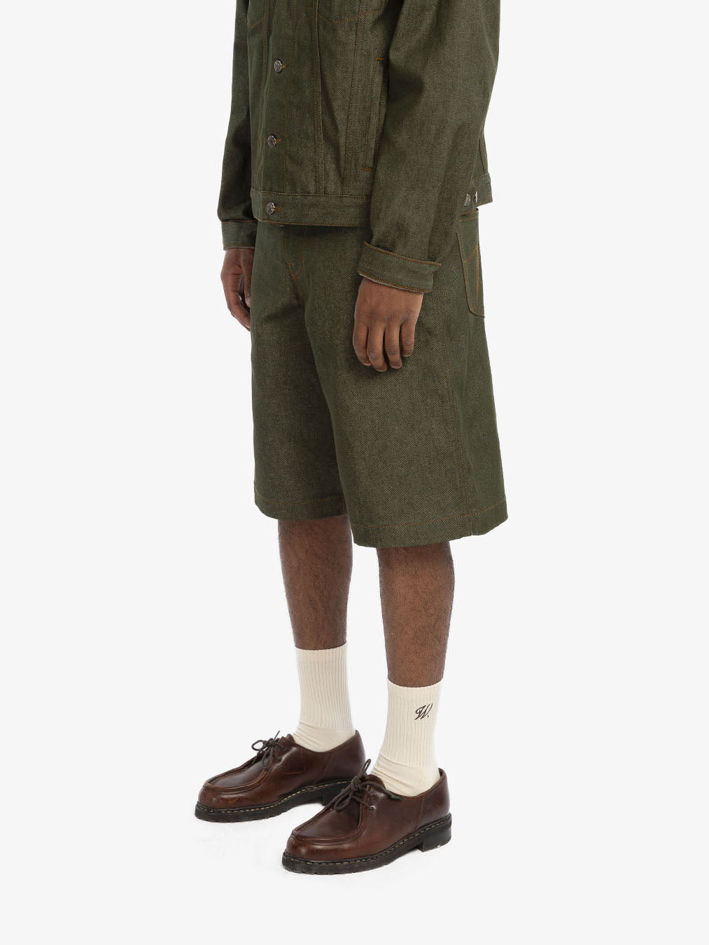 Raw green denim baggy shorts