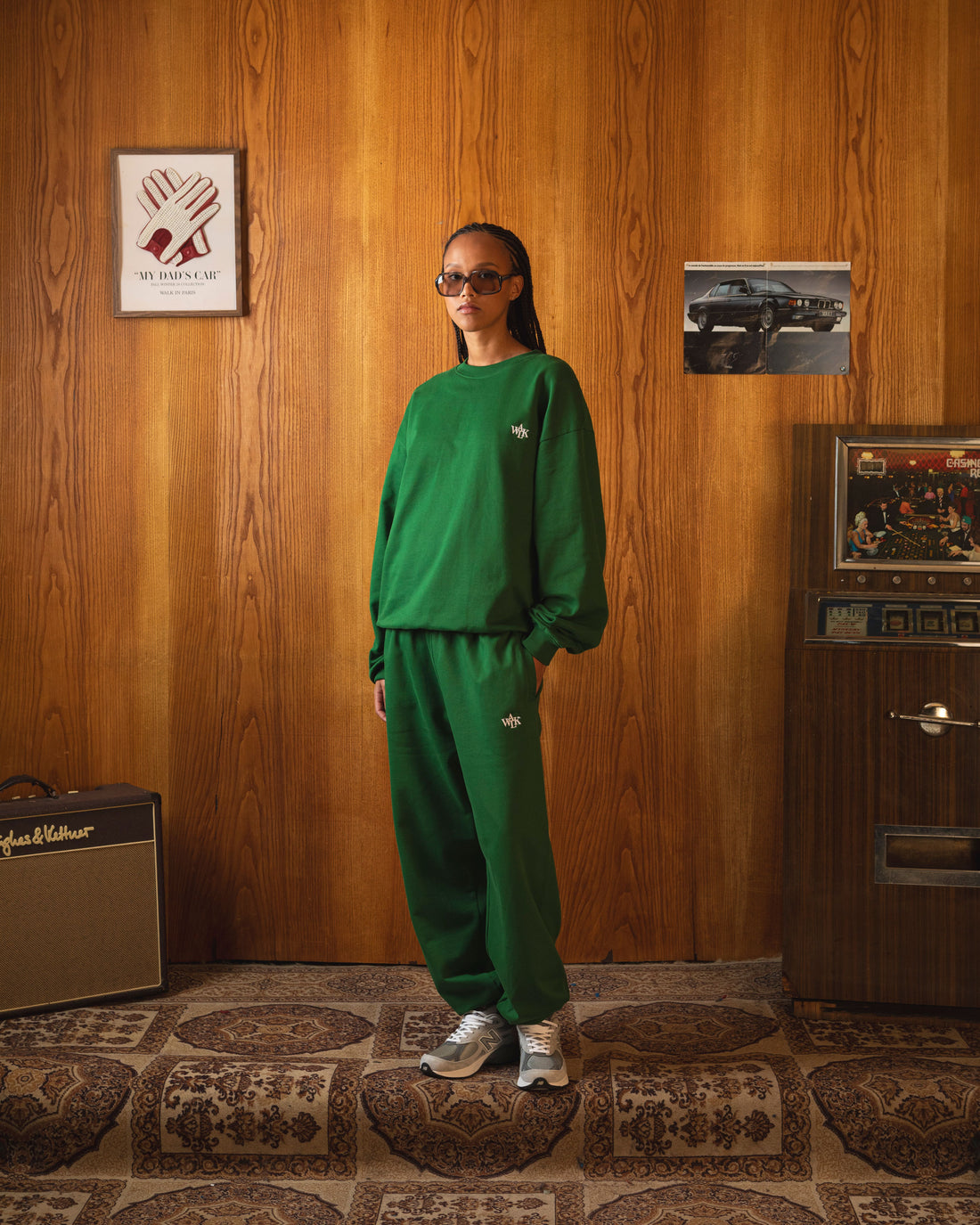 The forest green jogging suit